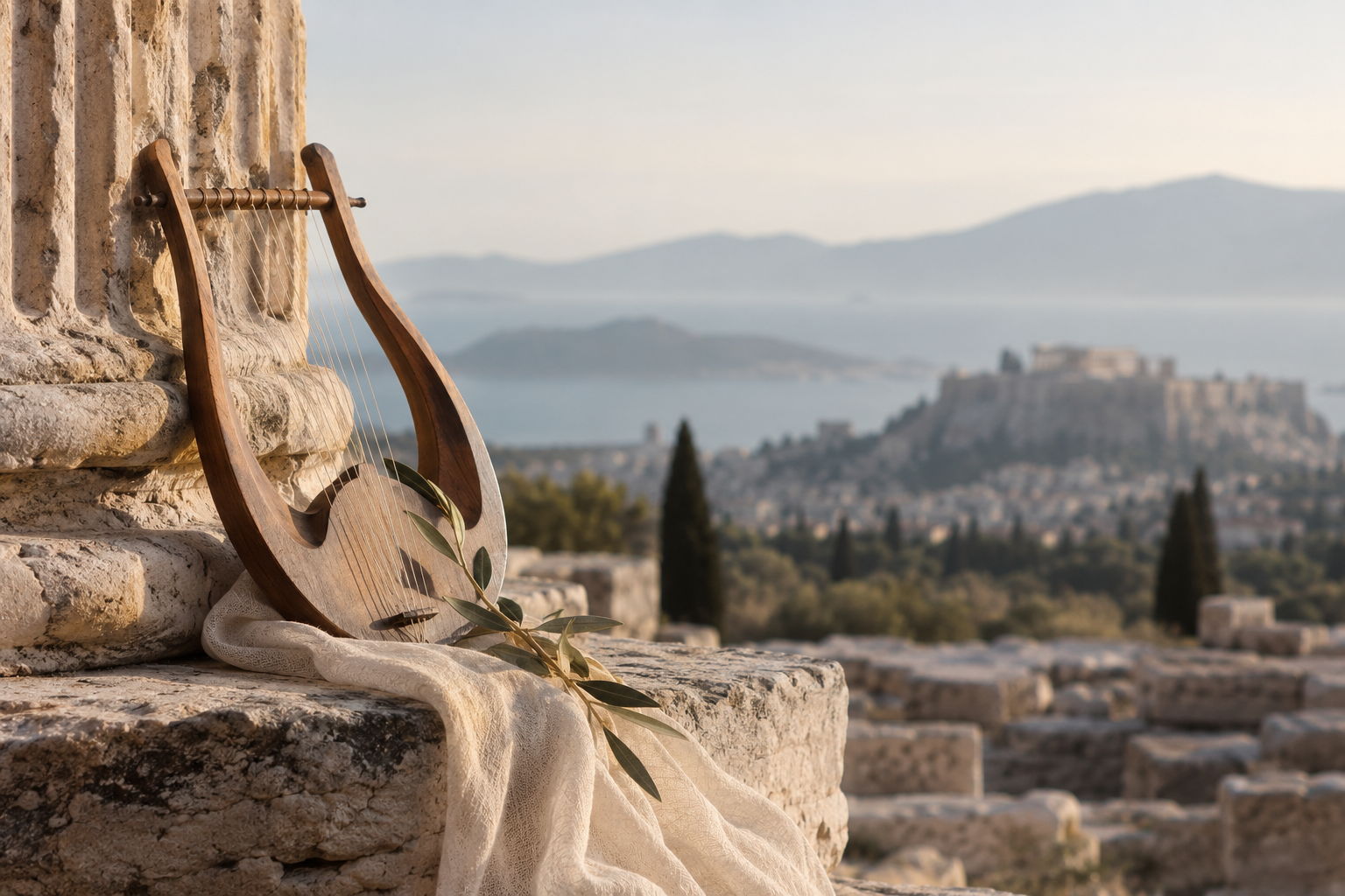 Editorial project image for Sound Worlds of Ancient Greece: a reconstructed lyre resting against ancient stone with the Acropolis in the distance